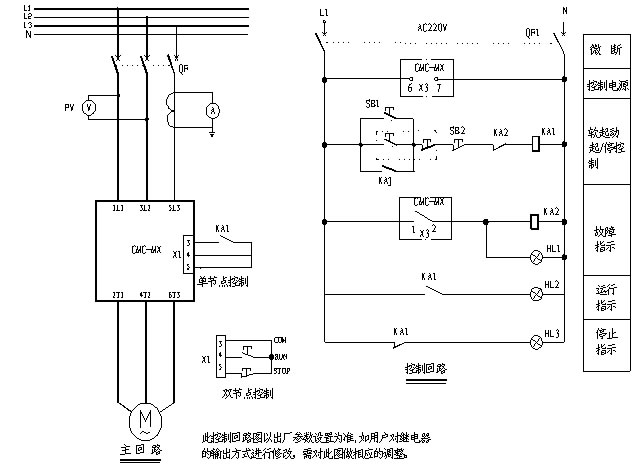 CMC-MX內(nèi)置旁路軟起動器基本接線原理圖、三角形內(nèi)接連接圖和典型應(yīng)用接線圖(圖3)